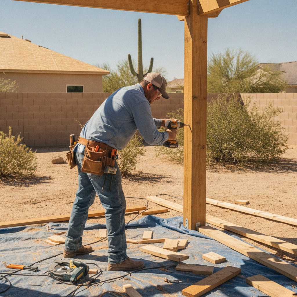 Chandler Awning installer working on a shade structure